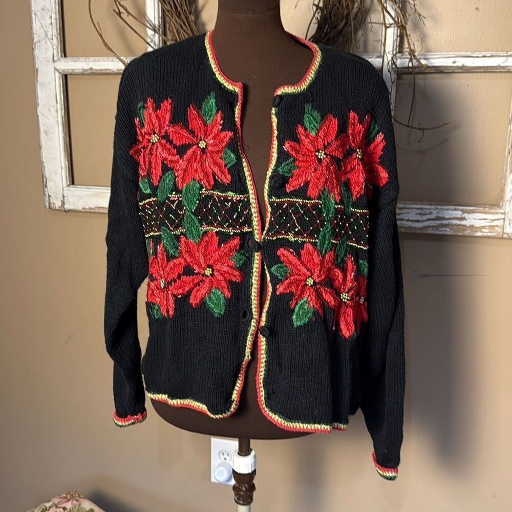 Vintage Eve Tyler Christmas cardigan sweater size women’s large black beaded poi